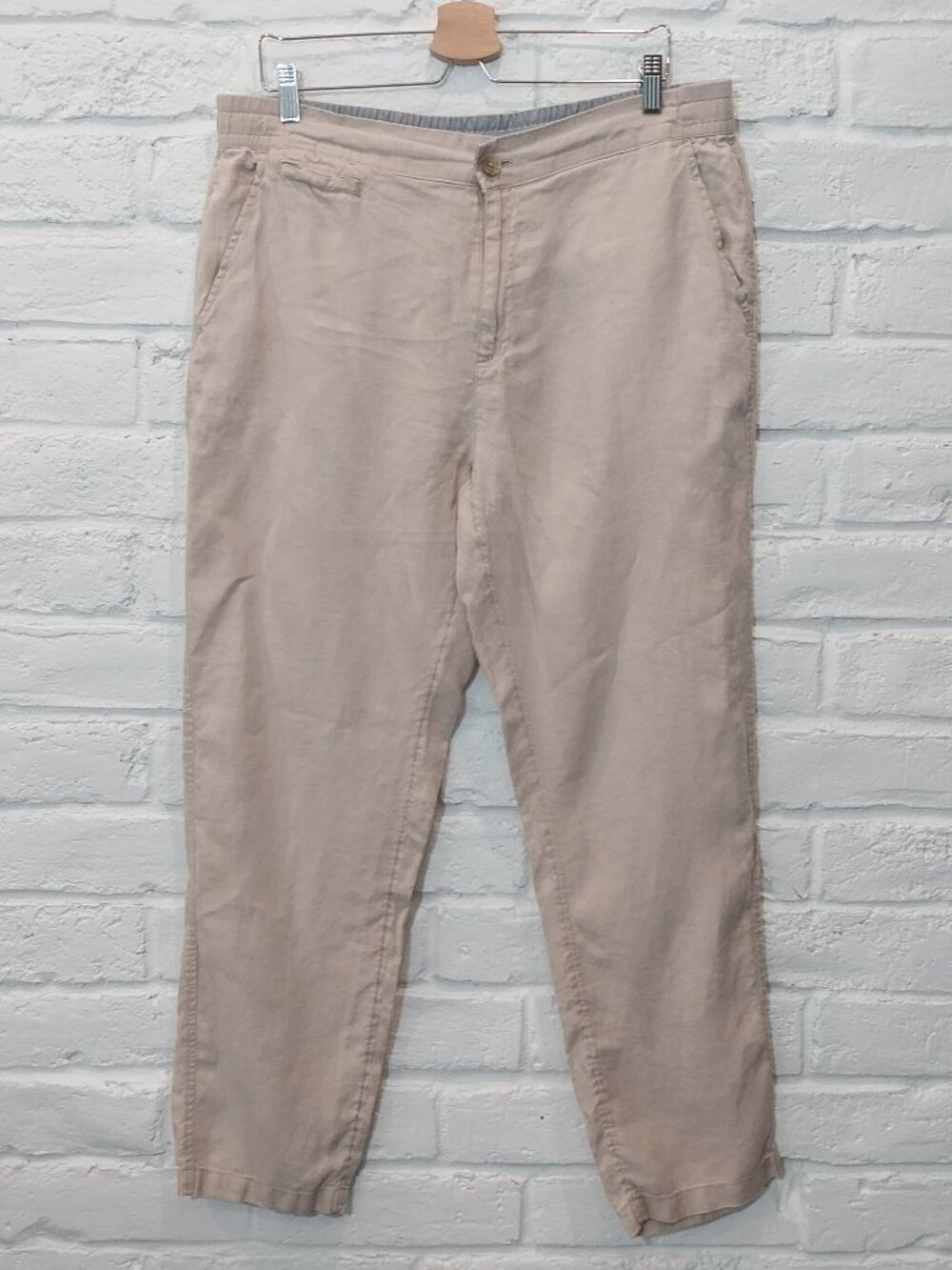 PANAMA JACK 100% Linen Casual Pants Mens Large Beige Elastic Waist Chinos Beach.